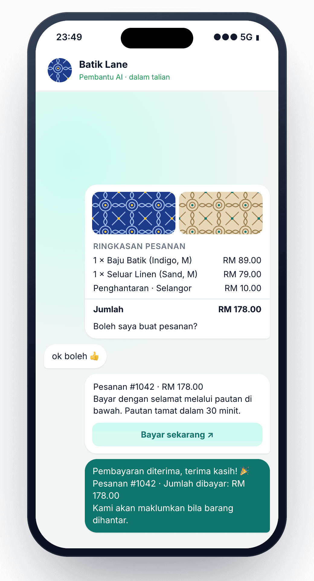 Chat dengan ringkasan pesanan, pautan pembayaran dan resit