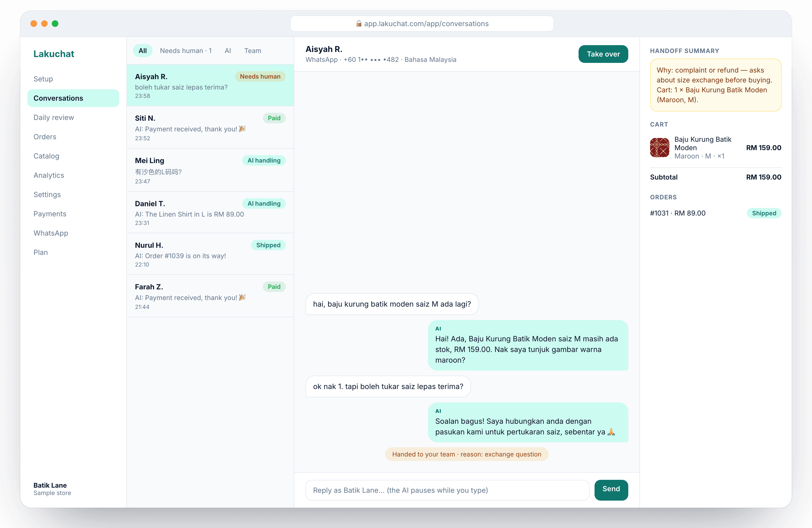 Lakuchat dashboard: conversation list, a chat thread with a Take over button, and the customer's cart