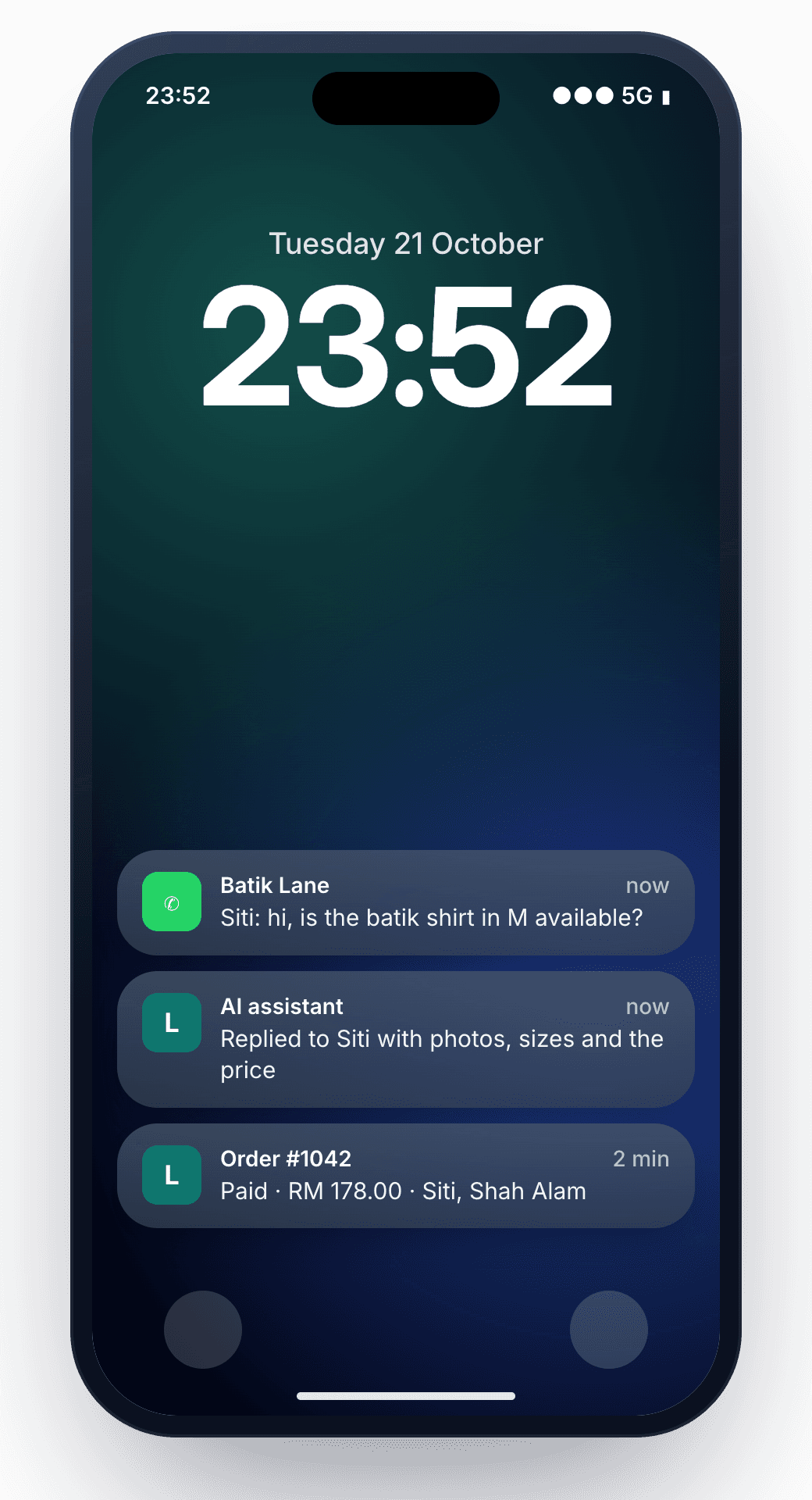 Phone lock screen at night: a customer question, an instant AI reply and a paid order
