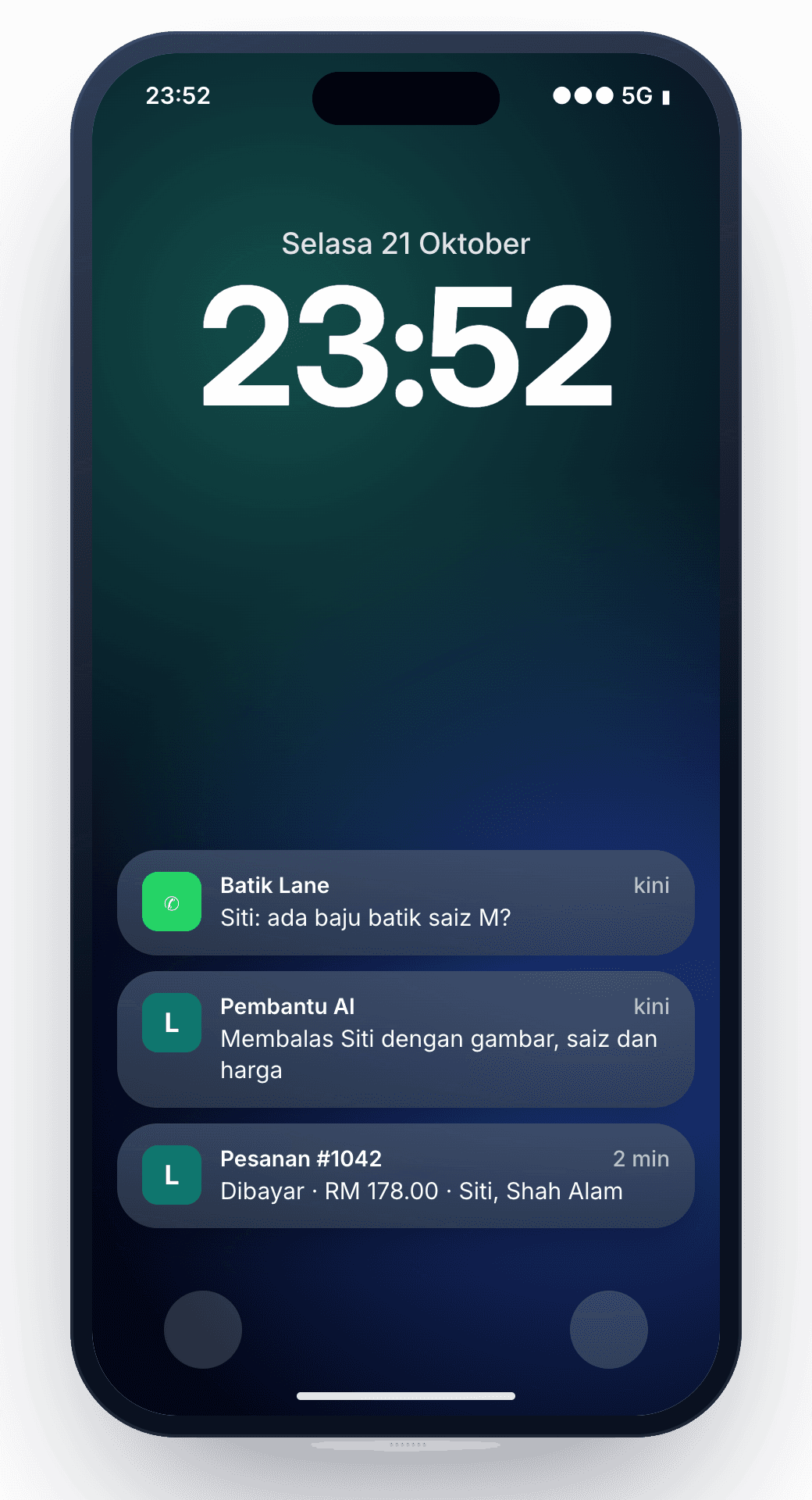 Skrin kunci telefon waktu malam: soalan pelanggan, balasan AI serta-merta dan pesanan yang sudah dibayar